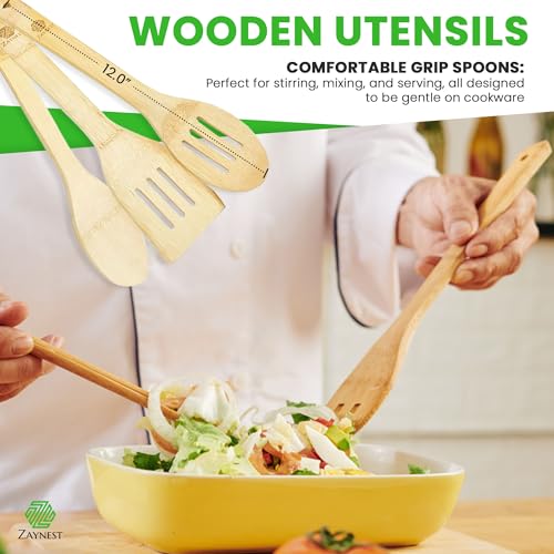 ZAYNEST Organic Bamboo Cutting Board Set ? 7-Piece Eco-Friendly Chopping Board with Juice Grooves, Stand & Wooden Utensils - Lightweight and Knife Friendly for Cutting, Cooking & Serving