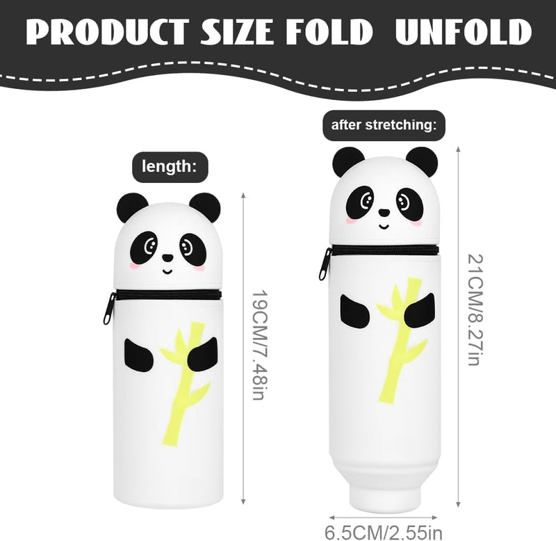 BIGTHREE Silicone Telescopic Pencil Case, 2-in-1 Soft Silicone Pencil Case, Cute Pattern Pencil Case, Stand Pen Holder Pouch, with Zipper, Retractable Kawaii Big Capacity for Teenage (Panda)