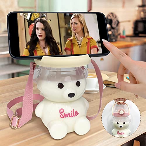 YHRY Kawaii Bear Water Bottle with Straw and Strap, Cute Water Bottles for Kids, Portable Leakproof BPA-free Drinking Cups for Girls Women Sports Camping Picnic Hiking Travel (Pink) (PINK)