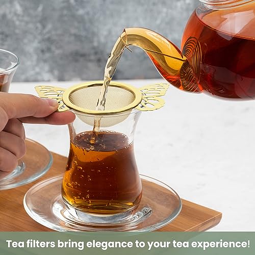 SYOSI 2 Pieces Tea Strainers with Drip Bowl, Fine Mesh Stainless Steel Loose Leaf Tea Filter with Butterfly Handle Reusable Tea Interval Diffuser for Loose Leaf Coffee Herbal Spice Juice Filter (Gold)