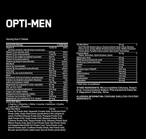 Optimum Nutrition (ON) Opti-Men, Vitamin C, Zinc and Vitamin D, E, B12 for Immune Support Mens Daily Multivitamin Supplement - 90 Count