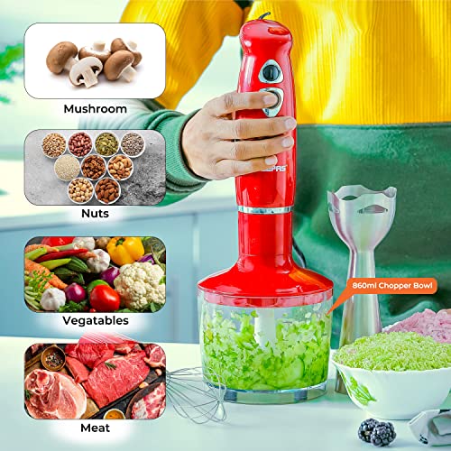 Geepas GHB6136 400W Hand Blender - Stainless Steel Blades with 2 Speed for Baby Food, Soup, Juice | 860ml Chopper Bowl & Electric Egg Whisk - 2 Years Warranty