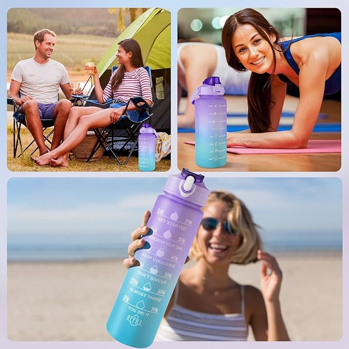 3 Pack Sports Motivational Water Bottles, Large Capacity Gradient Color Plastic Straw Sports, Fitness Water Cup, Outdoor Portable Water Bottle, Back to School Supplies, 2L/64oz, 700ml/24oz, 300ml/10oz