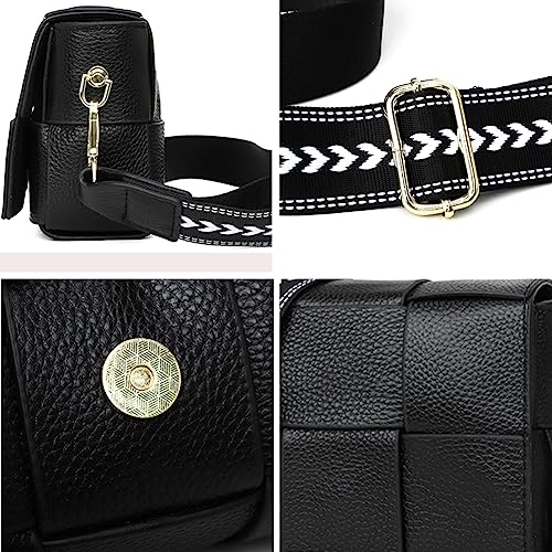 Efilra Crossbody Bag for Women, Small Leather Camera Purse Thick Strap Cross-body Bags, Triple Zip Shoulder Bag with Guitar Strap, 1-black, Camera Crossbody Bag