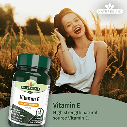 Natures Aid Vitamin E High Strength 400iu | 60 Softgels | Helps Protect Cells from Oxidative Stress | 24mg Mixed Tocopherols