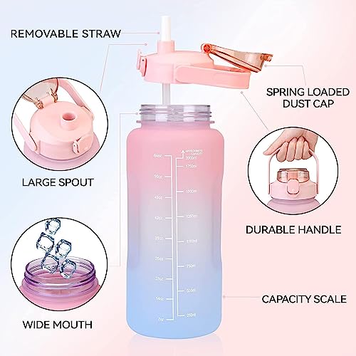3 Pack Sports Water Bottle With Straw,2L+900ml+500ml Measured Plastic Drinking BPA Free Non-Toxic Sports Drinks Time Markings Motivational Fitness (Pink)