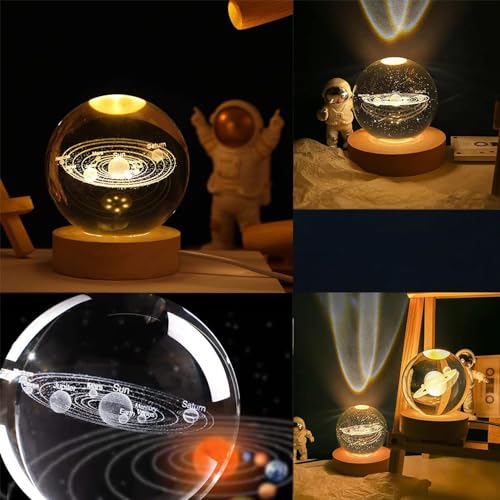 NALACAL 3D Planet Crystal Ball Night Light for Valentines Day, Space Galaxy With Wooden Base, 3D Engraved Solar System With LED Light Base for Kids, Gift for Valentines Lovers