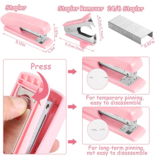 9 in 1 Pink Desk Organizers and Accessories Set, Pink Gifts Mesh Desk Organizer with Pink Stapler Pen Holder 1000 Staples Scissors Ruler Staple Remover Office Supplies Set Office Gift for Coworkers