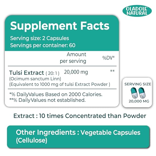Oladole Natural Tulsi Extract - 20000mg (120 Capsules) | Improves Skin, Hair Health, Anti-Oxidant, Anti-Inflammatory, Remedy for Cold, Cough, Immunity Boost, Respiratory Health | Non-GMO, Gluten Free
