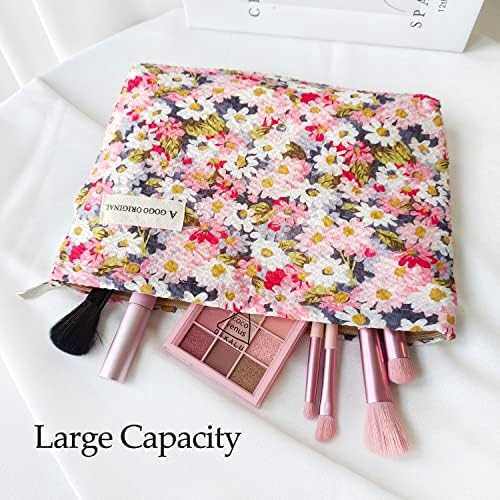 STARDW Flower Cosmetic Bags Makeup Bags for Women and Girls,Travel Makeup Bag Large Capacity Canvas Makeup Bag,Makeup Organizer Bag Zipper Pouch, Embossed pink, Large Capacity Aesthetic Makeup Bags