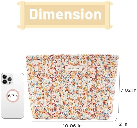 Sminra Floral Makeup Bag Large Cotton Quilted Cosmetic Makeup Bag Organizer, Aesthetic Portable Pouch Purse Toiletry Bag for Women Girls Travel accessories(Blue Floral-L)