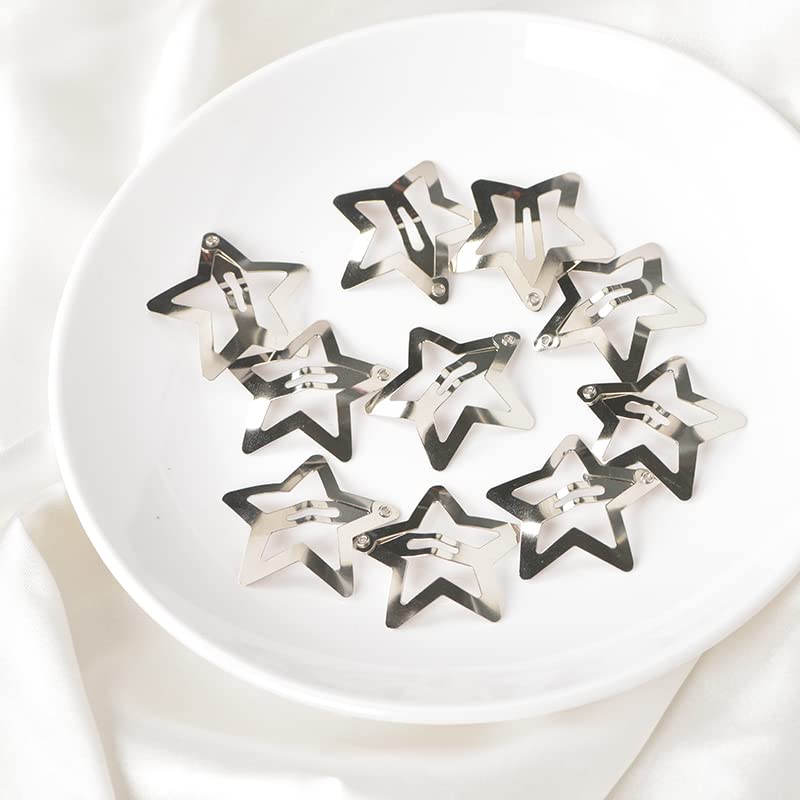 Kefley Star Snap Hair Clips Silver Y2K 2000s 10 Pieces Girls Hair Barrettes Hairclips Headpieces Non Slip Metal Stars Hair Accessories for Women Girls