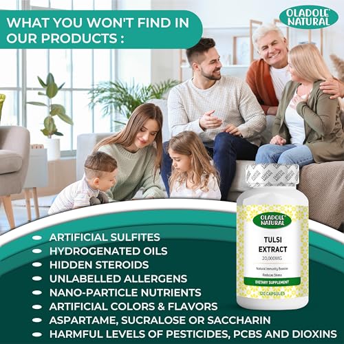 Oladole Natural Tulsi Extract - 20000mg (120 Capsules) | Improves Skin, Hair Health, Anti-Oxidant, Anti-Inflammatory, Remedy for Cold, Cough, Immunity Boost, Respiratory Health | Non-GMO, Gluten Free
