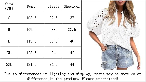 Women's Hollow Out Embroidered Tops Puff Sleeve Eyelet Tops Dressy Casual White Blouse V Neck Top Button Down Shirts