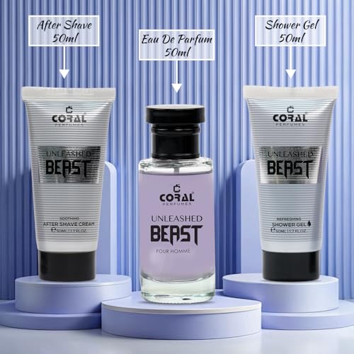Coral Unleashed Beast Pour Homme Gift Set For Men | Eau De Toilette, After Shave Cream & Shower Gel (50ml Each) | Bold & Invigorating Fragrance