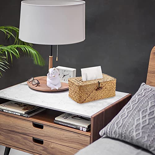 Angju Rectangular Rustic Seagrass Wicker Tissue Box Cover, Natural/Earthy Tone Facial Tissue Holder for Bathroom Vanity Toilet Dresser Table Countertop Office Car