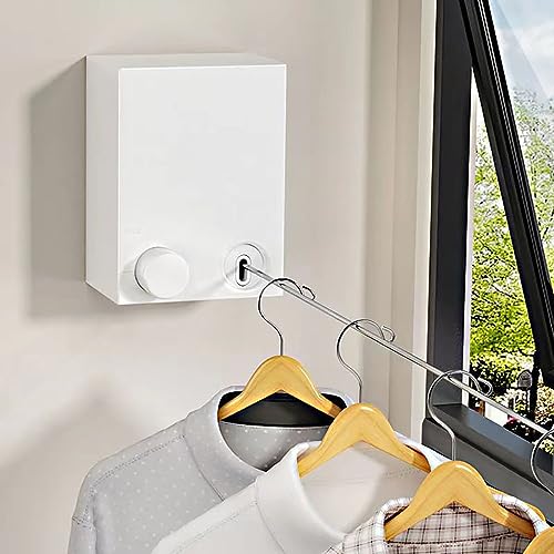 MUMOO BEAR Retractable Clothesline Stainless Steel Clothes Line Wall Mounted Telescopic Laundry Drying Line with 4.2 meters Adjustable Rope for Indoor Outdoor Balcony Laundry Room and Hotel (White)