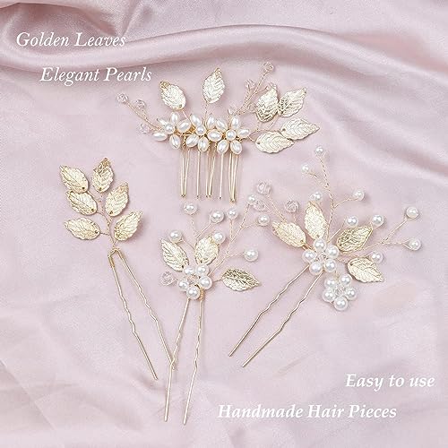 YHOME 4 Pcs Bridal Hair Pins - U Shaped Wedding Clips, Golden Pearl Hair Piece, Floral Accessories for Women Girls Hairstyles Jewelry