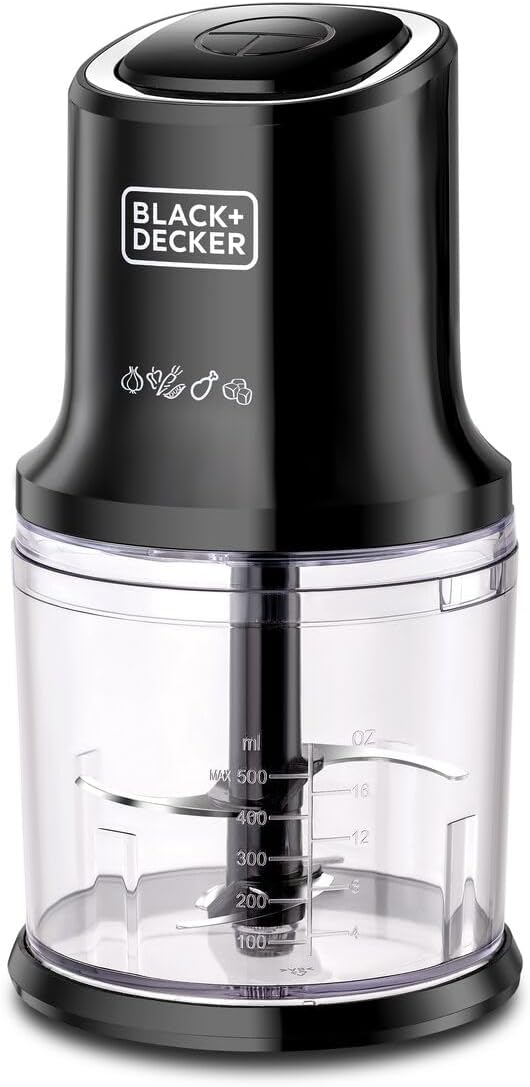 BLACK+DECKER Vertical Chopper, 500W, 4 Durable Stainless Steel Blades, 500ml Working Capacity Bowl, Sleek Chrome Trim, Powerful Motor for Chopping, Pureeing & Mincing, Easy to Use, Black - FC500-B5 - GCC