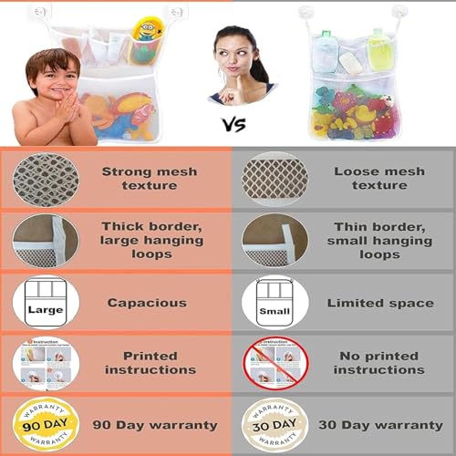 ALMEKAQUZ Mesh Bath Toy Organizer, Extra Durable Washable Mesh Baby Bath Toys Bag, Ultra Strong Anti Slip Hooks, Large Capacity Multi Use Bathroom Shower Bathtub Toy Storage Hangs Bag