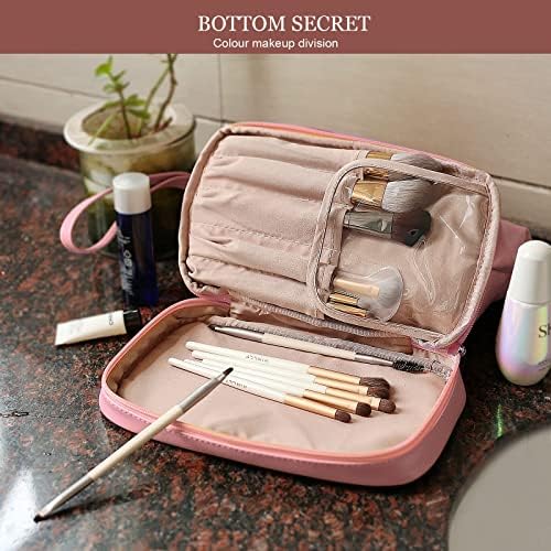 NAWOKEENY® Double Layer Cosmetic Bag - Large Capacity Portable Toiletry Bag for Travel, Makeup Organizer, PU Leather, Waterproof (Black)