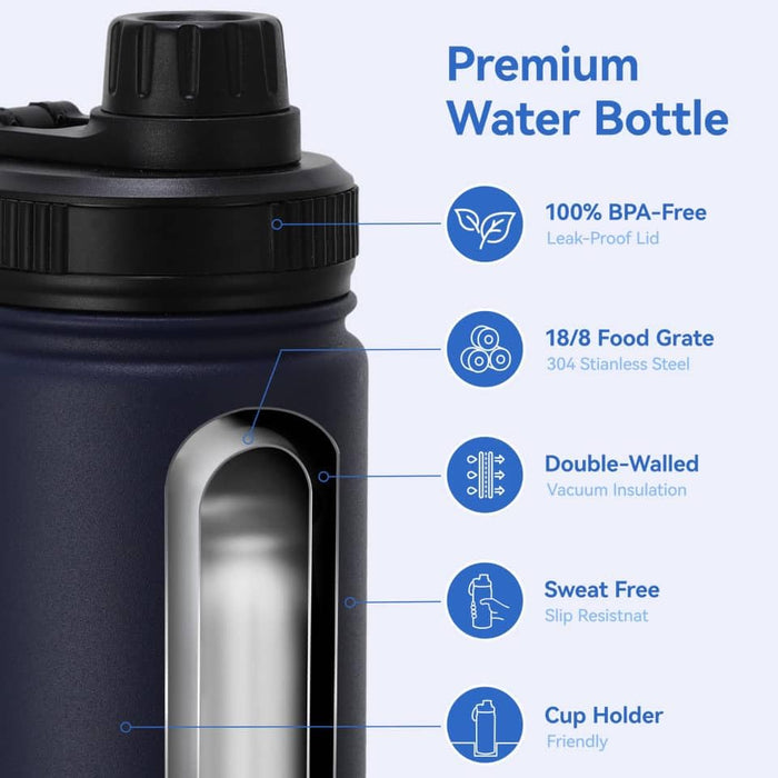 Triple Wall Vacuum Stainless Steel Water BOTTLE Insulated Stainless Steel Water Bottle 24oz with Straw-Brush-3 Lid-handle, 1L Bottle for Sports jym, Travel, office school kids water bottle (black)
