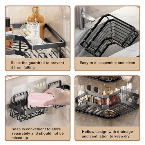 Zuooiec Corner Shower Caddy 3 Pack,Black Rust-Resistant Adhesive Shower Shelf No Drilling,Bathroom Shelf Shower Storage with Soap Holder&Hooks&Toothpaste Holders,Bathroom or Kitchen Accessories