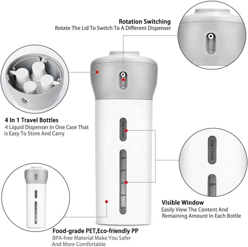4 in 1 Travel Dispenser, Refillable Leak-Proof Kit with 4 Bottles, BPA-Free Containers for Shampoo & Conditioner, Portable Set for Toiletries