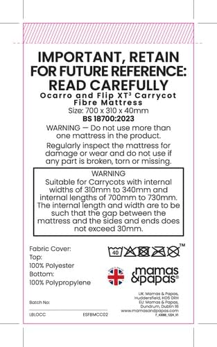 Mamas & Papas Carrycot Mattress for Ocarro & Flip XT3 Carrycots (700x310x40mm)