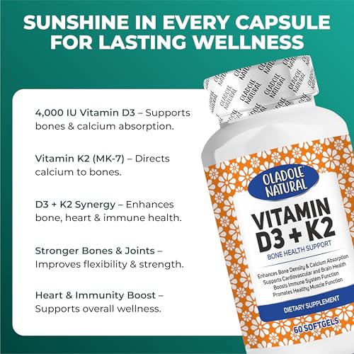 Oladole Natural Vitamin D3 4000 IU + K2 Supplement â€“ 60 Softgels Supports Bone Health, Immunity, Healthy Muscle Function, and Bone Density | Gluten-Free, Non-GMO