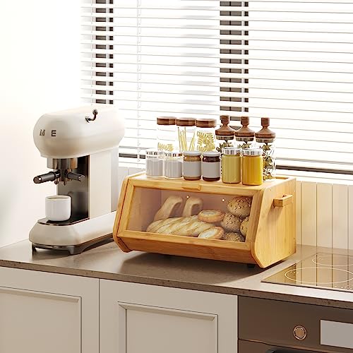 AMBIRD Bamboo Bread Bin - Keep Bread Fresh for Kitchen Counter, Large Capacity Wooden Bread Storage Container, Farmhouse Style Bread Box with Window Bread Holder
