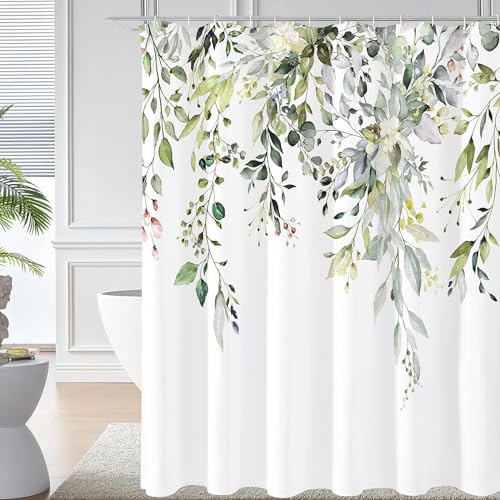 Green Eucalyptus Shower Curtain, Bathroom Curtain Waterproof Anti-Mold Fashion Curtain Watercolor Leaves on The Top Plant with Floral Bathroom Decoration Shower Curtain Sets (180 * 180CM) with Hooks