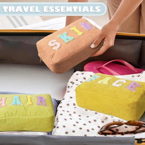 Pinkunn 4 Pcs Preppy Makeup Bags Christmas Chenille Letter Bag Face Skin Hair Stuff Cosmetic Bag Corduroy Makeup Pouch with Zipper Birthday Gifts for Women(Purple, Pink, White, Blue,Corduroy)