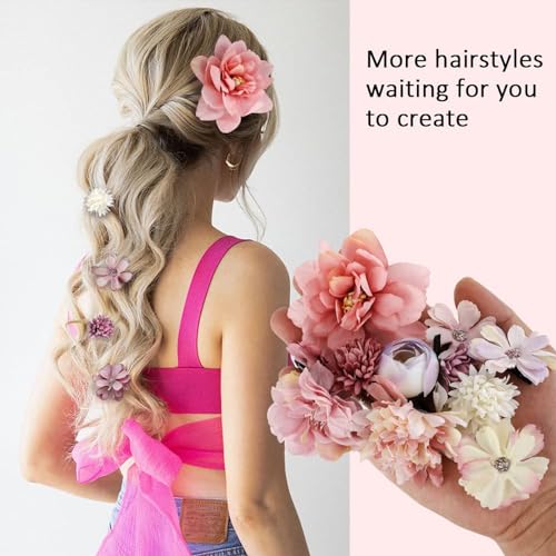 Tazweeq 12 Pieces Bohemian Flowers Hair Clips for Women Girls, Flower Hair Accessories Hawaiian Boho Hairclip for Girls, Silk Flower Hair Clips for Beach Party.