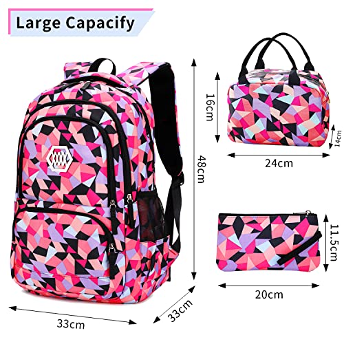 Yoawllty School Bag for Girls, Kids Backpack for School Bookbag for Elementary 3 in 1 School Bag Sets with Lunch Tote Pencil Bag and Cartoon Sticker(Pink)
