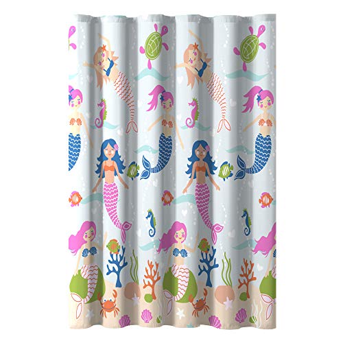 dream FACTORY Kids Fabric Shower Curtain for Bathroom, 72 in x 72 in (W x L), Light Blue Mermaid Dreams