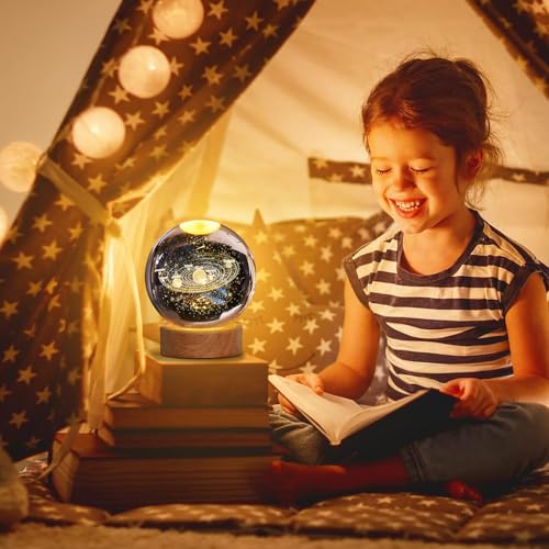 Aowin 3D Crystal Ball Night Light Galaxy Crystal Lamp LED Light with Wooden Base Glass Ball,Home Decoration Ornament,Birthday Gift for Girlfriend,Kids Crystal Ball Lamp,Warm Nightlight - Solar System
