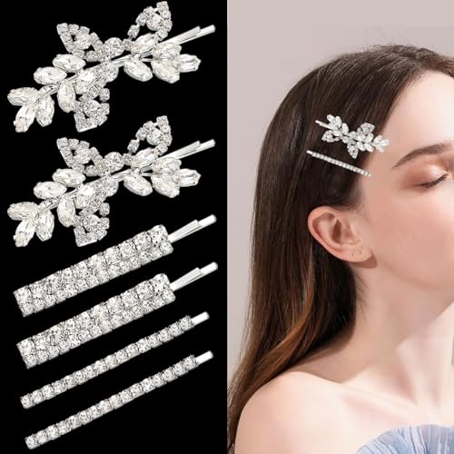 6 Pcs Rhinestone Bridal Hair Clip, Leaf Wedding Hairpin, Bride Crystal Hair Barrette Accessories For Women, Diamond Bobby Pins, Jewelry Barrette (Silver, Rhinestone Style)