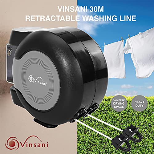 Vinsani 30 metre Retractable Reel Clothes Lines Washing Line with Twin Cable - Wall Mounted Heavy Duty Clothes Dryer 2 x 15m Lines of Drying Space Outdoor, Black