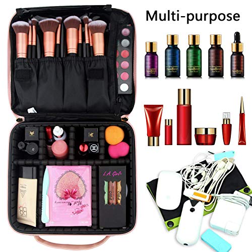 AMERTEER Travel Makeup Case - Portable Travel Makeup Cosmetic Case Organizer Artist Storage Bag With Adjustable Dividers For Cosmetics Makeup Brushes Toiletry Jewelry Digital Accessories (PINK)