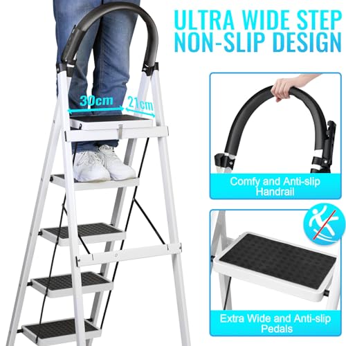 SKY-TOUCH Foldable Ladder 5 Steps, Home Ladder Folding Step Stool with Wide Anti-Slip Pedal, Adults Folding Sturdy Steel Ladder for Home,Kitchen, Garden, Office
