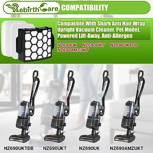 Rebirthcare nz690uk nz690ukt filter for shark powered lift-away nz690uk nz690ukt nz690uktdb nz690amzukt anti hair wrap pet model upright vacuum cleaner hepa filter foam felt filter replacement