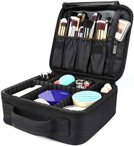 Travel Makeup Bag,Portable Travel Makeup Cosmetic Case Organizer Artist Storage Bag with Adjustable Dividers for Cosmetics Makeup Brushes Toiletry Jewelry Digital Accessories, Black, BK14-WAA-2