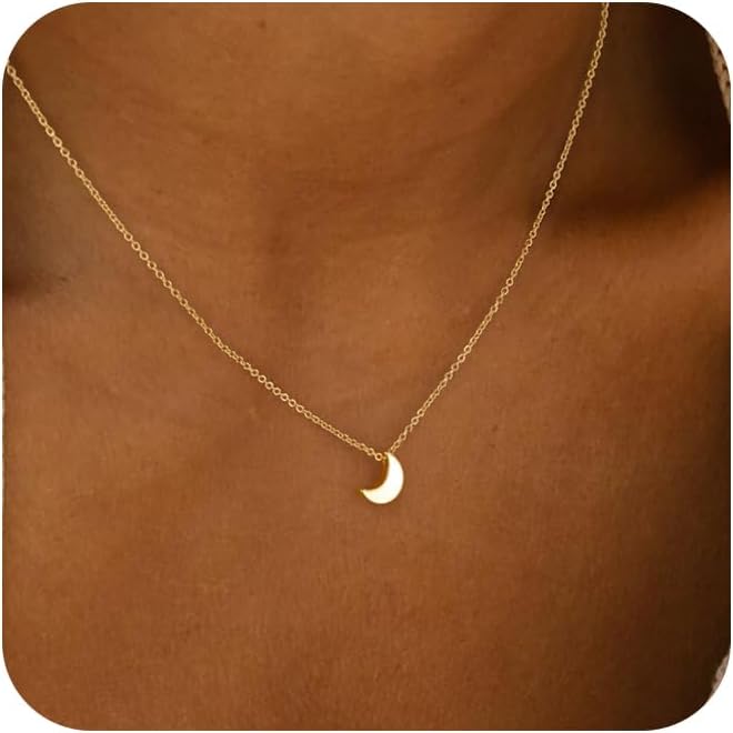 Diamond Solitaire Pendant Necklace for Women Dainty 14K Gold Plated Tiny CZ Diamond Choker Necklace Layered Cubic Zirconia Moon Round Dot Necklaces Wedding Bridesmaid Jewelry Gifts - gold