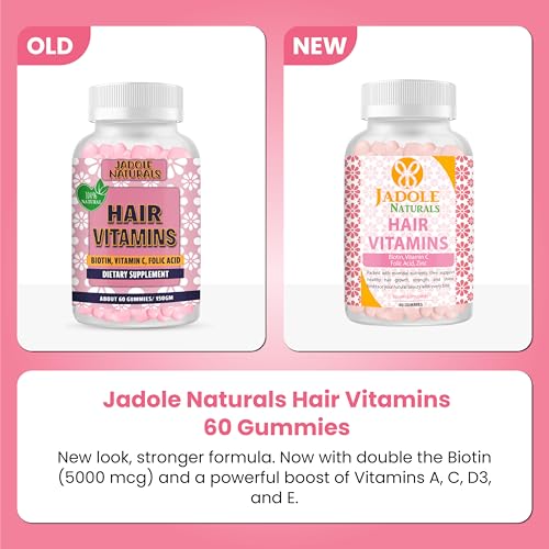 Jadole Naturals Hair Vitamins 60 Gummies with Biotin 5000 mcg, Vitamin C, Folic Acid & Zinc | Supports Hair Growth & Reduces Breakage, Healthy Skin & Nails, Multivitamins & Essential Nutrients, Vegan
