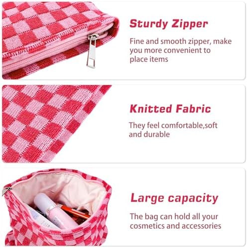 ZLFSRQ 3Pcs Checkered Makeup Bag for Women Large Cosmetic Bag Set Travel Toiletry Bag Makeup Pouch Bag for Purse Pink Zipper Storage Bag Organizer Cute Small Aesthetic Girls Car Essentials Bag