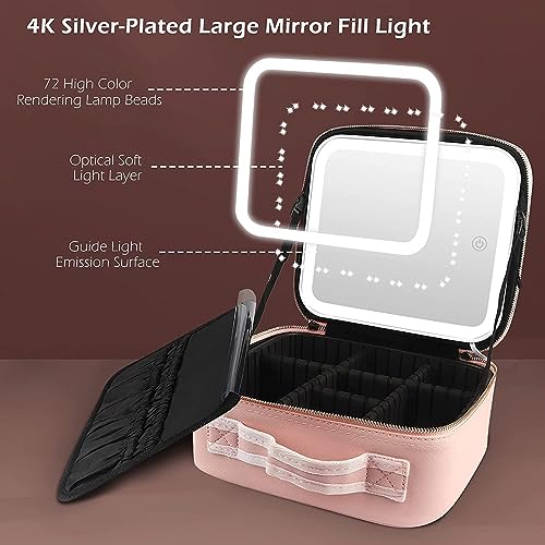 NBLE Travel Makeup Bag with LED Lighted Mirror, Adjustable Brightness LED Cosmetic Case with Divider Storage,Waterproof Portable Make Up Travel Box Accessories And Tools Case