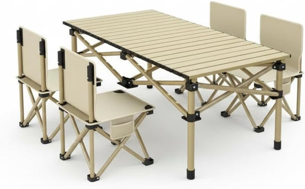 YU WELL Portable Roll-Up Camping Table with 4 Chairs, Lightweight Aluminum Folding Picnic Table Set with Carry Bag, Waterproof, Rust-Resistant Outdoor Table & Chair for Camping 95X55X50CM Black - Beige Table 95X55X50CM With 4 Chairs