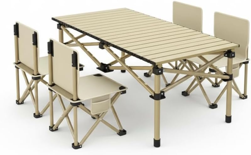 YU WELL Portable Roll-Up Camping Table with 4 Chairs, Lightweight Aluminum Folding Picnic Table Set with Carry Bag, Waterproof, Rust-Resistant Outdoor Table & Chair for Camping 95X55X50CM Black - Beige Table 95X55X50CM With 4 Chairs