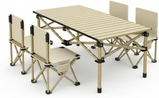 YU WELL Portable Roll-Up Camping Table with 4 Chairs, Lightweight Aluminum Folding Picnic Table Set with Carry Bag, Waterproof, Rust-Resistant Outdoor Table & Chair for Camping 95X55X50CM Black - Beige Table 95X55X50CM With 4 Chairs